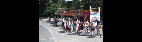 group of tourists waiting for bus tour